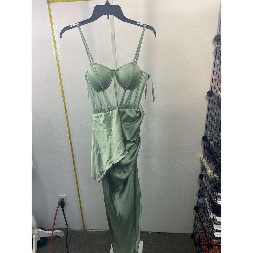 Sage Green Corset Satin Maxi Dress Sheer Mesh Draped Formal Gown NWT